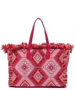 Boho Chic Crochet Fringe Shopper Tote Bag CY018 FUCHSIA